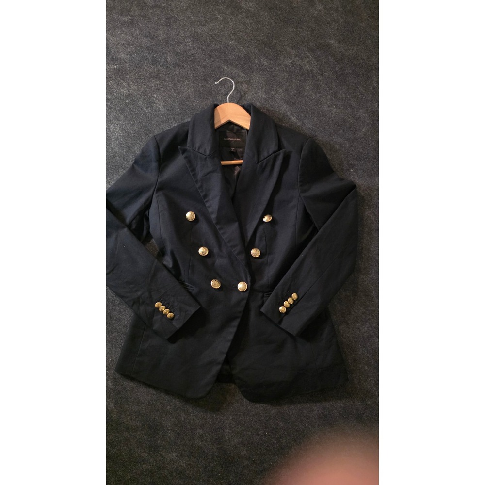Banana Republic Womens Black Double Breasted Gold Crest Button Blazer Petite 4